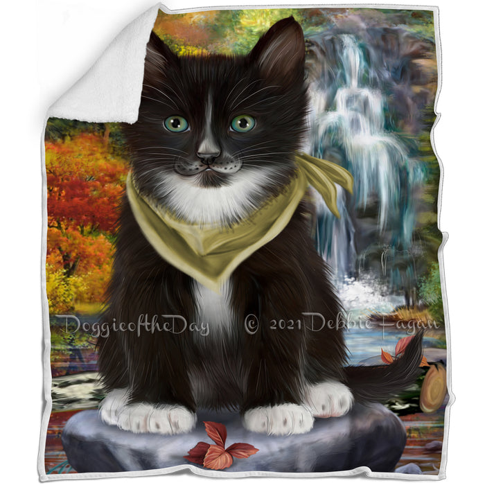Scenic Waterfall Tuxedo Cat Blanket BLNKT84540