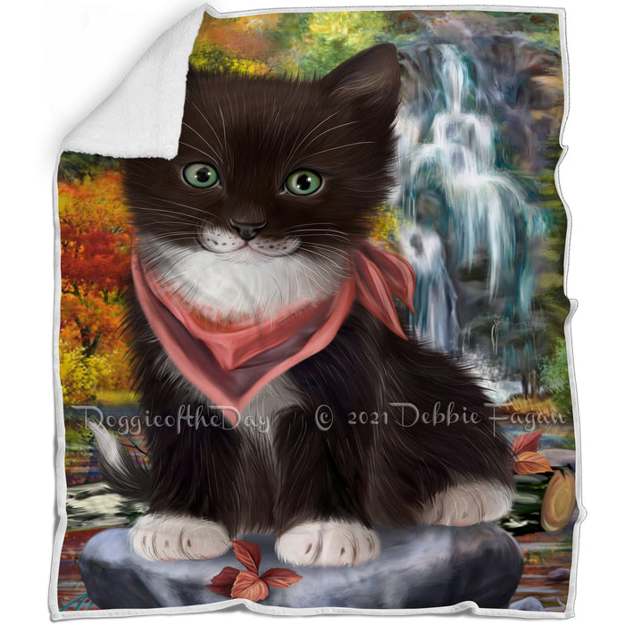 Scenic Waterfall Tuxedo Cat Blanket BLNKT84549