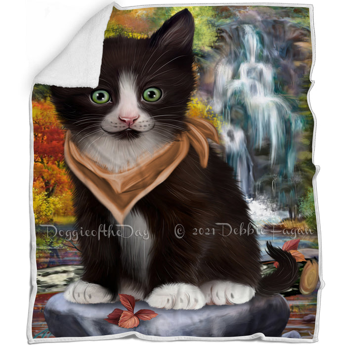 Scenic Waterfall Tuxedo Cat Blanket BLNKT84558