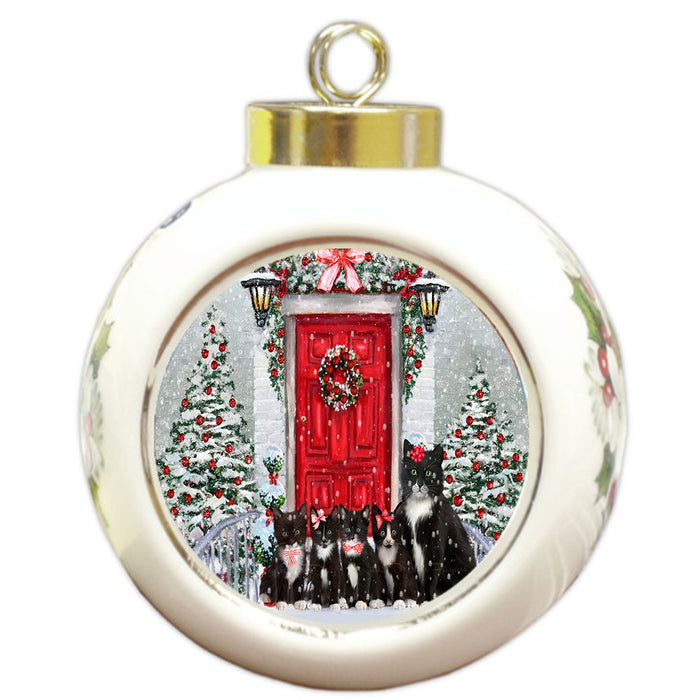 Christmas Holiday Welcome Tuxedo Cats Round Ball Christmas Ornament Pet Decorative Hanging Ornaments for Christmas X-mas Tree Decorations - 3" Round Ceramic Ornament