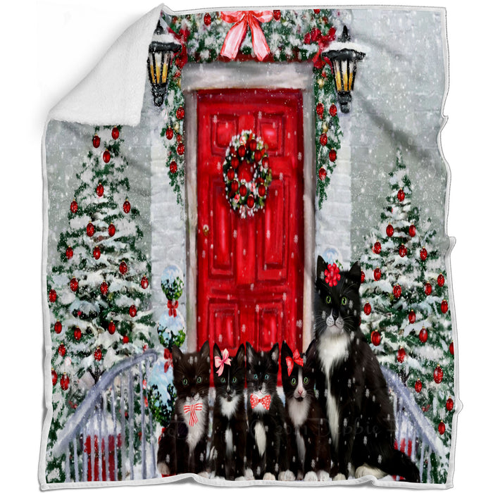 Christmas Holiday Welcome Tuxedo Cats Blanket - Lightweight Soft Cozy and Durable Bed Blanket - Animal Theme Fuzzy Blanket for Sofa Couch