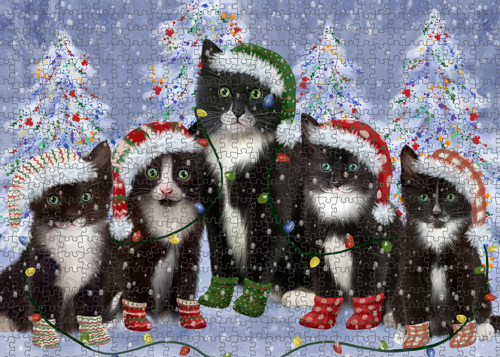 Christmas Lights and Tuxedo Cats Portrait Jigsaw Puzzle for Adults Animal Interlocking Puzzle Game Unique Gift for Dog Lover's with Metal Tin Box