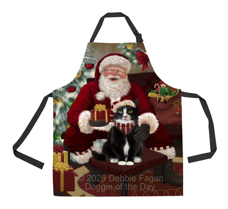 Santa's Christmas Surprise Tuxedo Cat Apron - Adjustable Long Neck Bib for Adults - Waterproof Polyester Fabric With 2 Pockets - Chef Apron for Cooking, Dish Washing, Gardening, and Pet Grooming