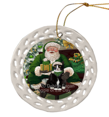 Christmas Irish Santa with Gift and Tuxedo Cat Doily Ornament DPOR59540