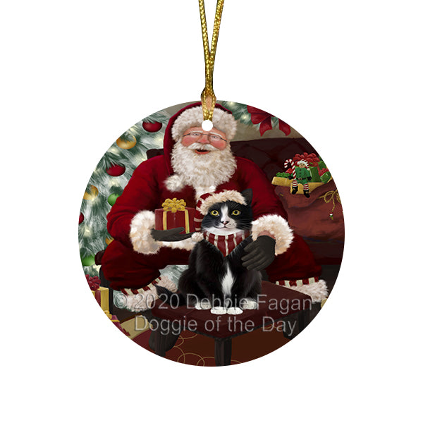 Santa's Christmas Surprise Tuxedo Cat Round Flat Christmas Ornament RFPOR58076