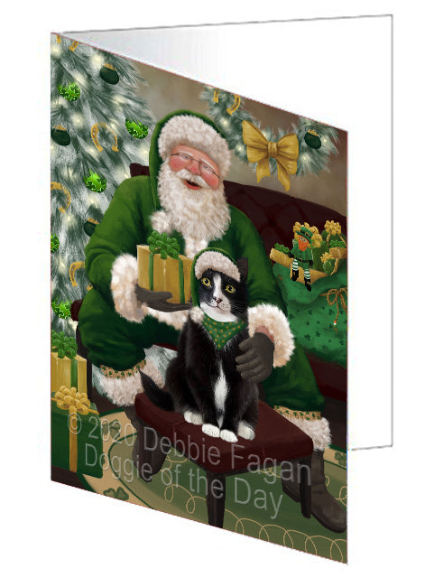 Christmas Irish Santa with Gift and Tuxedo Cat Handmade Artwork Assorted Pets Greeting Cards and Note Cards with Envelopes for All Occasions and Holiday Seasons GCD76004