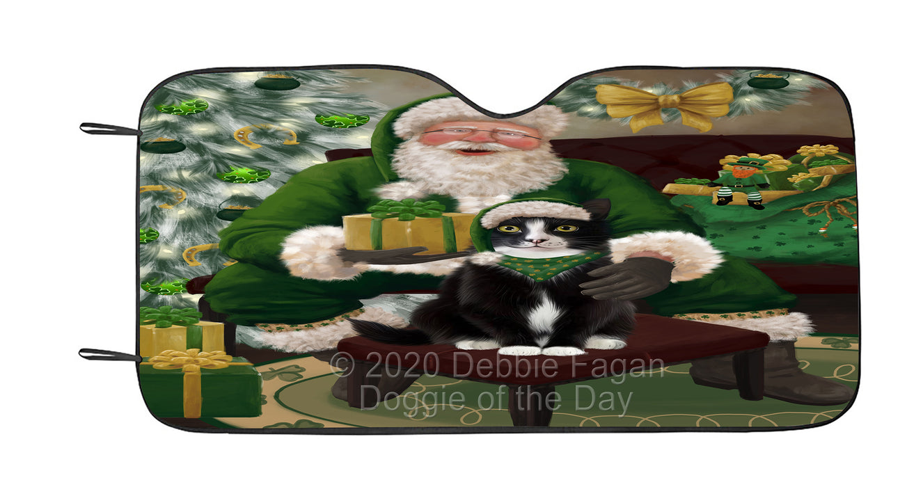 Christmas Irish Santa with Gift and Tuxedo Cat Car Sun Shade Cover Curtain