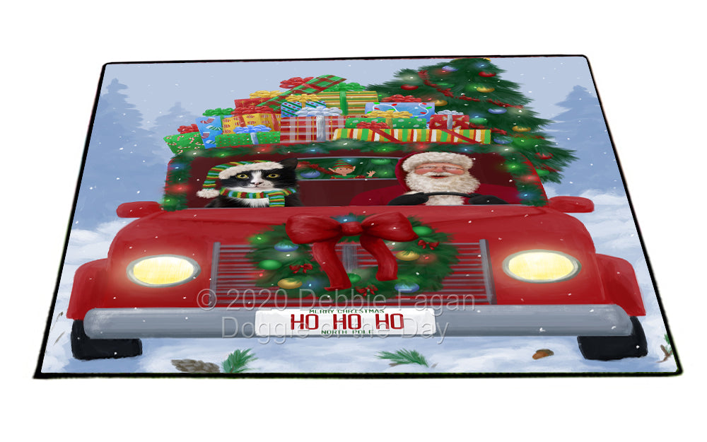 Christmas Honk Honk Red Truck Here Comes with Santa and Tuxedo Cat Indoor/Outdoor Welcome Floormat - Premium Quality Washable Anti-Slip Doormat Rug FLMS57013