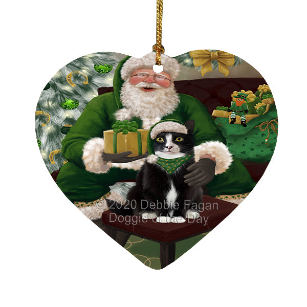 Christmas Irish Santa with Gift and Tuxedo Cat Heart Christmas Ornament RFPOR58320
