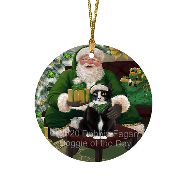 Christmas Irish Santa with Gift and Tuxedo Cat Round Flat Christmas Ornament RFPOR57978