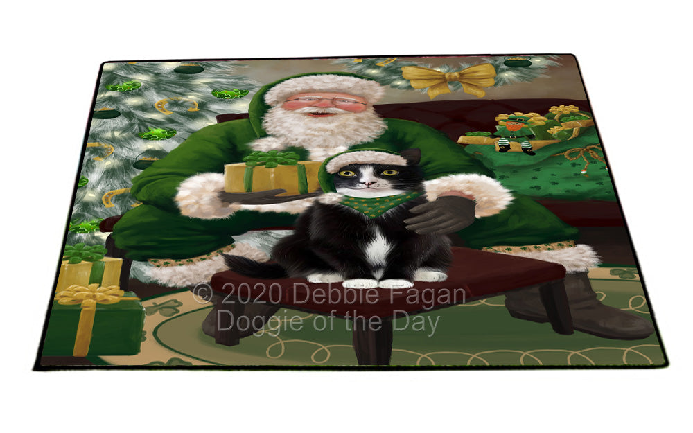 Christmas Irish Santa with Gift and Tuxedo Cat Indoor/Outdoor Welcome Floormat - Premium Quality Washable Anti-Slip Doormat Rug FLMS57307
