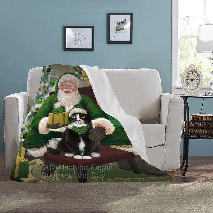 Christmas Irish Santa with Gift and Tuxedo Cat Blanket BLNKT141598