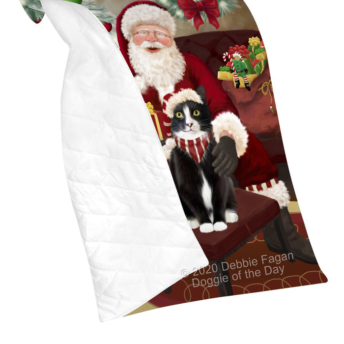 Santa's Christmas Surprise Tuxedo Cat Quilt Bed Coverlet Bedspread - Pets Comforter Unique One-side Animal Printing - Soft Lightweight Durable Washable Polyester Quilt