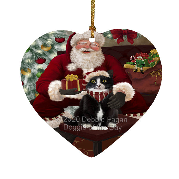 Santa's Christmas Surprise Tuxedo Cat Heart Christmas Ornament RFPOR58418