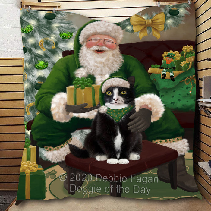 Christmas Irish Santa with Gift and Tuxedo Cat Quilt Bed Coverlet Bedspread - Pets Comforter Unique One-side Animal Printing - Soft Lightweight Durable Washable Polyester Quilt