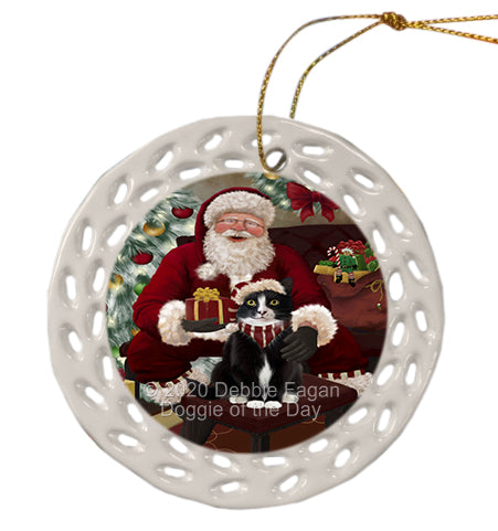 Santa's Christmas Surprise Tuxedo Cat Doily Ornament DPOR59638
