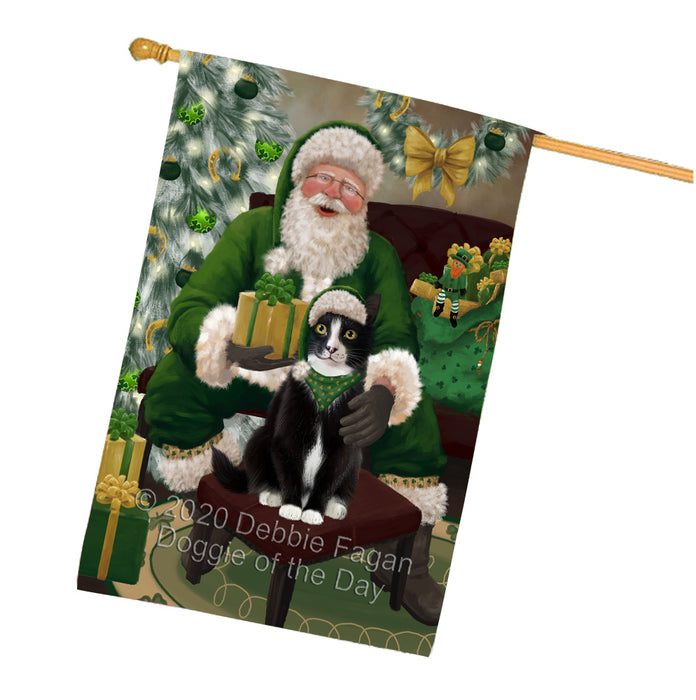 Christmas Irish Santa with Gift and Tuxedo Cat House Flag FLG66750