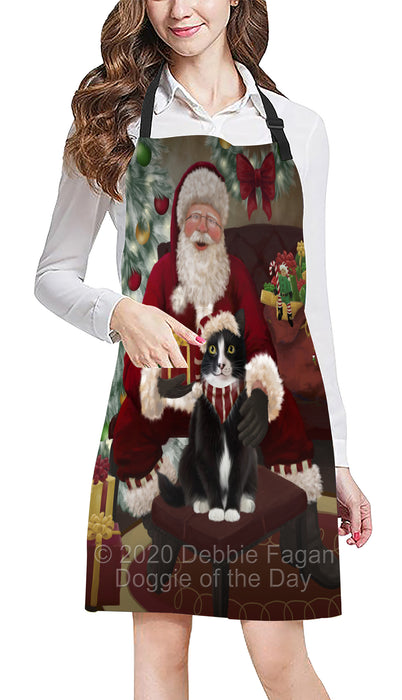 Santa's Christmas Surprise Tuxedo Cat Apron - Adjustable Long Neck Bib for Adults - Waterproof Polyester Fabric With 2 Pockets - Chef Apron for Cooking, Dish Washing, Gardening, and Pet Grooming