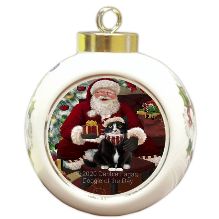 Santa's Christmas Surprise Tuxedo Cat Round Ball Christmas Ornament RBPOR58076