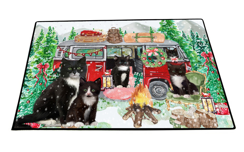 Christmas Time Camping with Tuxedo Cats Floor Mat- Anti-Slip Pet Door Mat Indoor Outdoor Front Rug Mats for Home Outside Entrance Pets Portrait Unique Rug Washable Premium Quality Mat