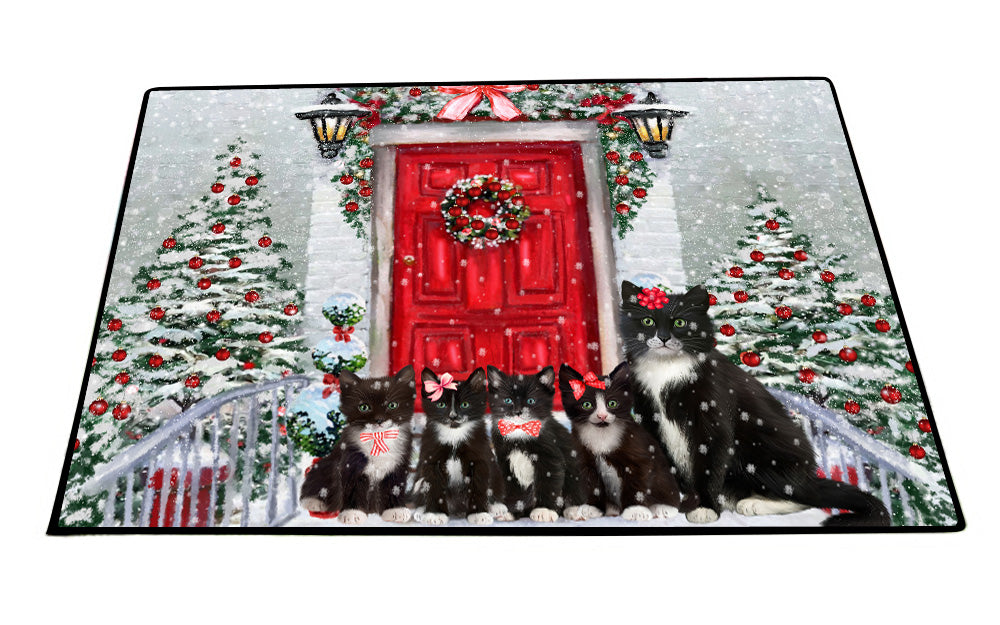 Christmas Holiday Welcome Tuxedo Cats Floor Mat- Anti-Slip Pet Door Mat Indoor Outdoor Front Rug Mats for Home Outside Entrance Pets Portrait Unique Rug Washable Premium Quality Mat