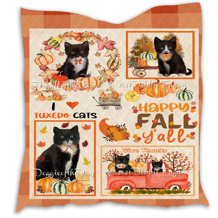 Happy Fall Y'all Pumpkin Tuxedo Cats Quilt Bed Coverlet Bedspread - Pets Comforter Unique One-side Animal Printing - Soft Lightweight Durable Washable Polyester Quilt