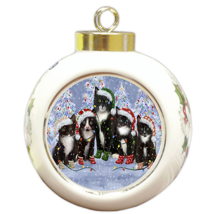 Christmas Lights and Tuxedo Cats Round Ball Christmas Ornament Pet Decorative Hanging Ornaments for Christmas X-mas Tree Decorations - 3" Round Ceramic Ornament