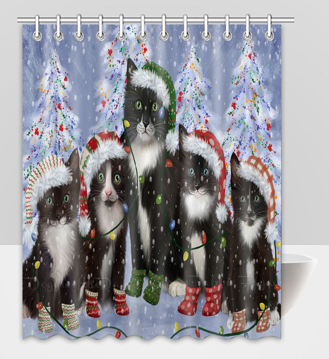 Christmas Lights and Tuxedo Cats Shower Curtain Pet Painting Bathtub Curtain Waterproof Polyester One-Side Printing Decor Bath Tub Curtain for Bathroom with Hooks