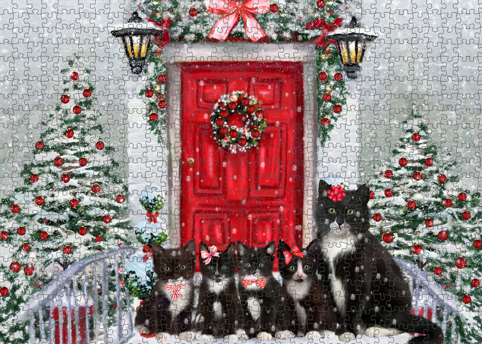 Christmas Holiday Welcome Tuxedo Cats Portrait Jigsaw Puzzle for Adults Animal Interlocking Puzzle Game Unique Gift for Dog Lover's with Metal Tin Box