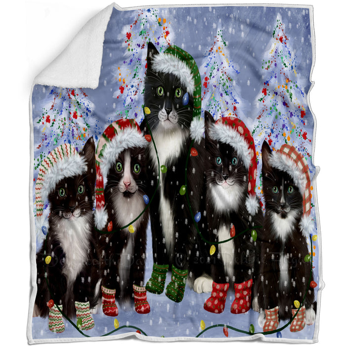 Christmas Lights and Tuxedo Cats Blanket - Lightweight Soft Cozy and Durable Bed Blanket - Animal Theme Fuzzy Blanket for Sofa Couch