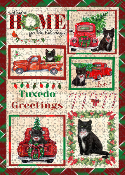 Welcome Home for Christmas Holidays Tuxedo Cats Portrait Jigsaw Puzzle for Adults Animal Interlocking Puzzle Game Unique Gift for Dog Lover's with Metal Tin Box