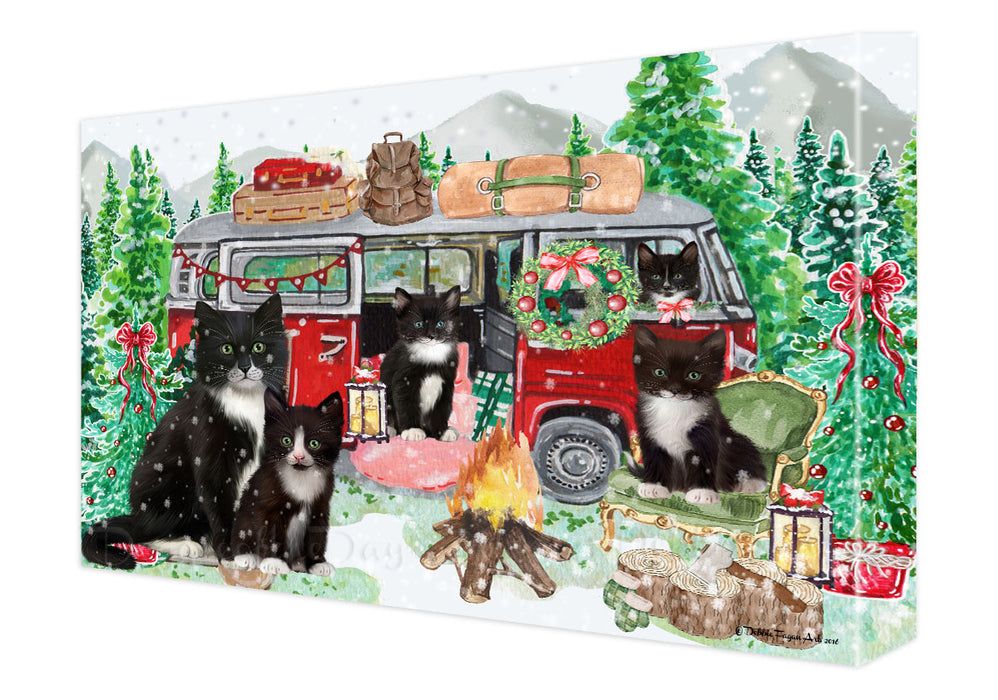 Christmas Time Camping with Tuxedo Cats Canvas Wall Art - Premium Quality Ready to Hang Room Decor Wall Art Canvas - Unique Animal Printed Digital Painting for Decoration