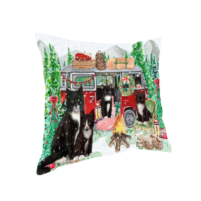 Christmas Time Camping with Tuxedo Cats Pillow with Top Quality High-Resolution Images - Ultra Soft Pet Pillows for Sleeping - Reversible & Comfort - Ideal Gift for Dog Lover - Cushion for Sofa Couch Bed - 100% Polyester