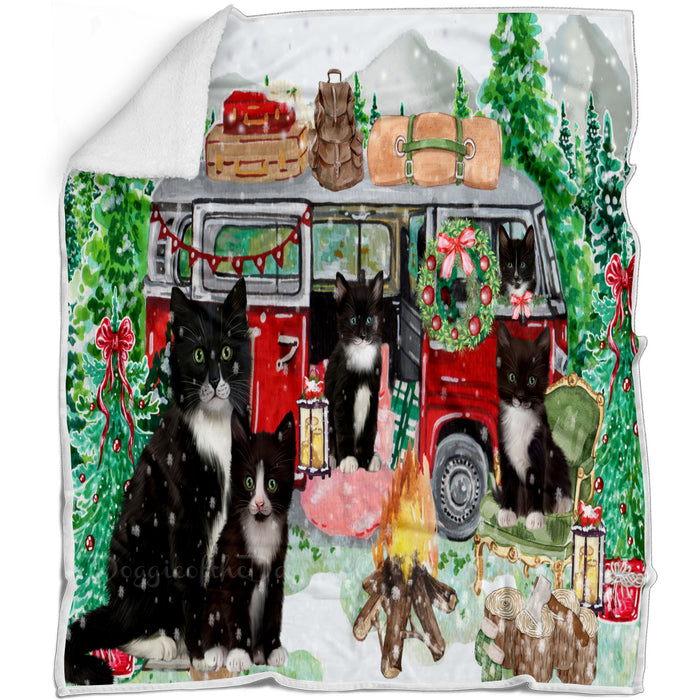 Christmas Time Camping with Tuxedo Cats Blanket - Lightweight Soft Cozy and Durable Bed Blanket - Animal Theme Fuzzy Blanket for Sofa Couch