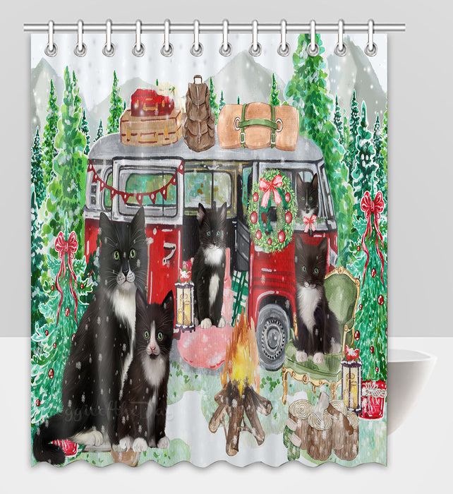 Christmas Time Camping with Tuxedo Cats Shower Curtain Pet Painting Bathtub Curtain Waterproof Polyester One-Side Printing Decor Bath Tub Curtain for Bathroom with Hooks