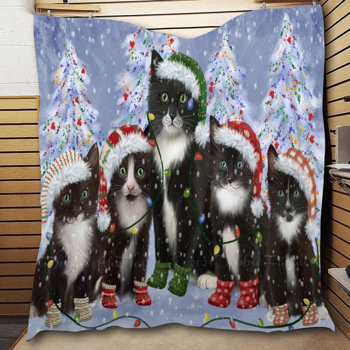 Christmas Lights and Tuxedo Cats  Quilt Bed Coverlet Bedspread - Pets Comforter Unique One-side Animal Printing - Soft Lightweight Durable Washable Polyester Quilt