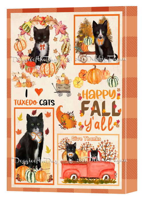 Happy Fall Y'all Pumpkin Tuxedo Cats Canvas Wall Art - Premium Quality Ready to Hang Room Decor Wall Art Canvas - Unique Animal Printed Digital Painting for Decoration