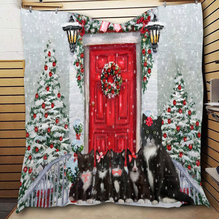 Christmas Holiday Welcome Tuxedo Cats  Quilt Bed Coverlet Bedspread - Pets Comforter Unique One-side Animal Printing - Soft Lightweight Durable Washable Polyester Quilt