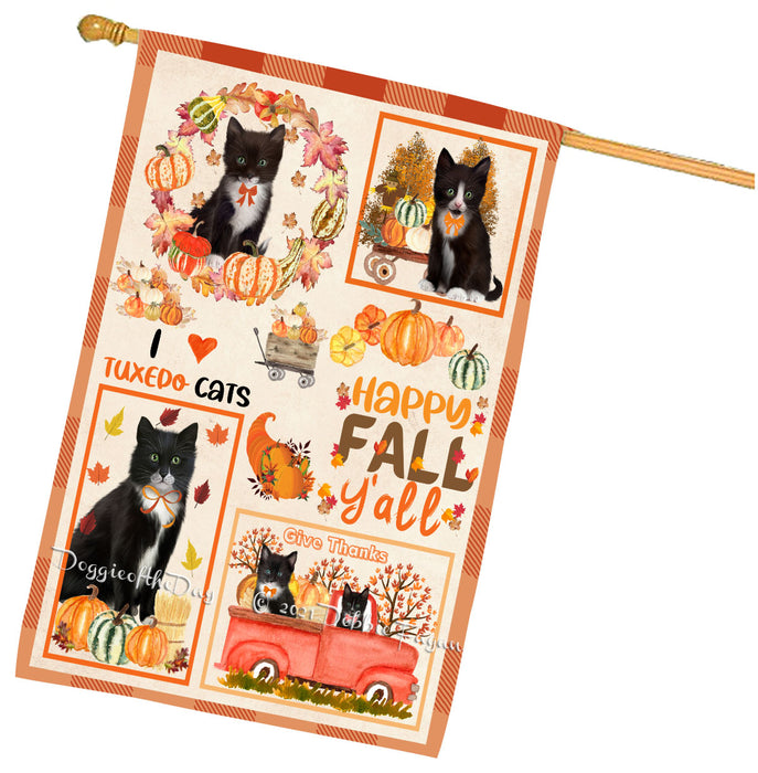 Happy Fall Y'all Pumpkin Tuxedo Cats House Flag Outdoor Decorative Double Sided Pet Portrait Weather Resistant Premium Quality Animal Printed Home Decorative Flags 100% Polyester