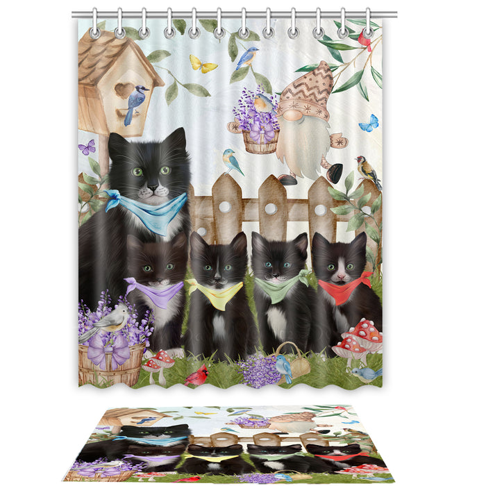 Tuxedo Cat Shower Curtain & Bath Mat Set, Custom, Explore a Variety of Designs, Personalized, Curtains with hooks and Rug Bathroom Decor, Halloween Gift for Cats Lovers