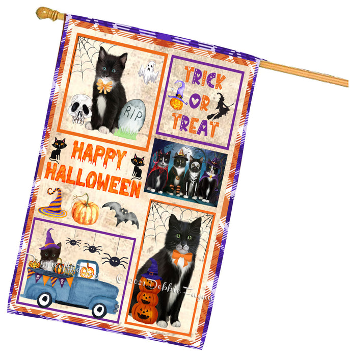 Happy Halloween Trick or Treat Tuxedo Cats House Flag Outdoor Decorative Double Sided Pet Portrait Weather Resistant Premium Quality Animal Printed Home Decorative Flags 100% Polyester