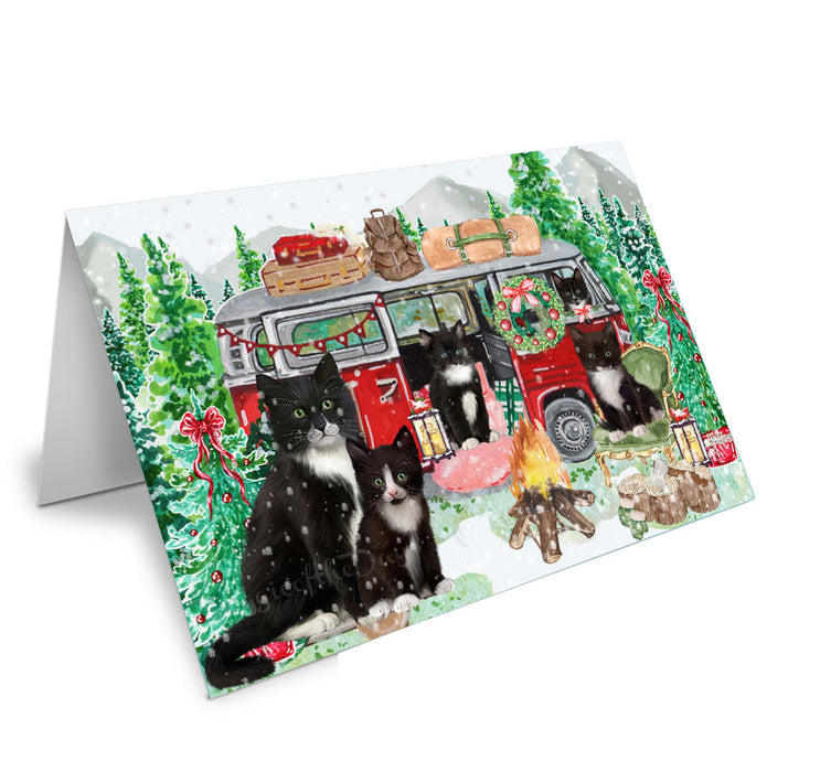 Christmas Time Camping with Tuxedo Cats Handmade Artwork Assorted Pets Greeting Cards and Note Cards with Envelopes for All Occasions and Holiday Seasons