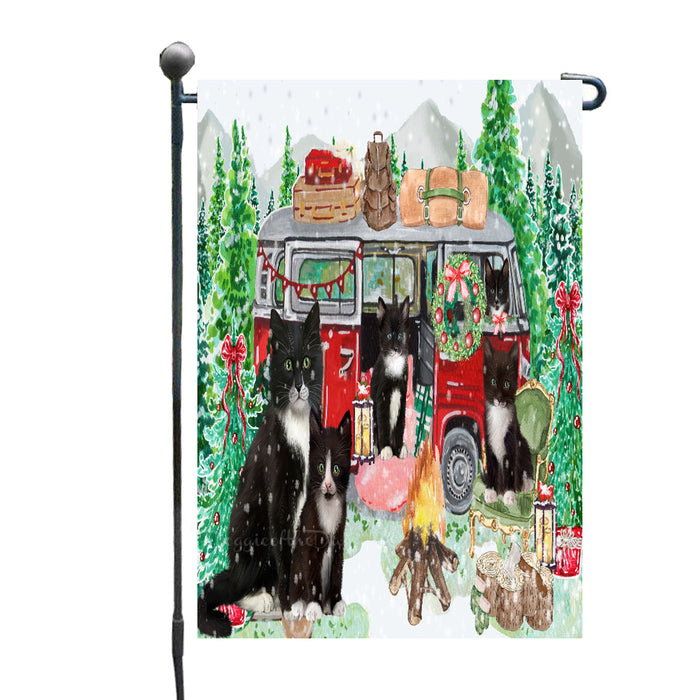 Christmas Time Camping with Tuxedo Cats Garden Flags- Outdoor Double Sided Garden Yard Porch Lawn Spring Decorative Vertical Home Flags 12 1/2"w x 18"h