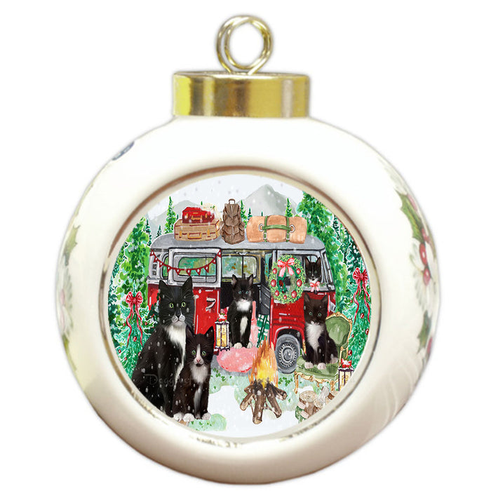 Christmas Time Camping with Tuxedo Cats Round Ball Christmas Ornament Pet Decorative Hanging Ornaments for Christmas X-mas Tree Decorations - 3" Round Ceramic Ornament