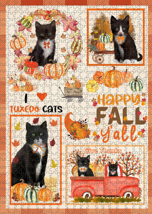 Happy Fall Y'all Pumpkin Tuxedo Cats Portrait Jigsaw Puzzle for Adults Animal Interlocking Puzzle Game Unique Gift for Dog Lover's with Metal Tin Box