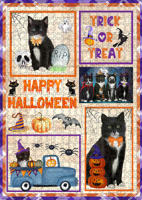 Happy Halloween Trick or Treat Tuxedo Cats Portrait Jigsaw Puzzle for Adults Animal Interlocking Puzzle Game Unique Gift for Dog Lover's with Metal Tin Box