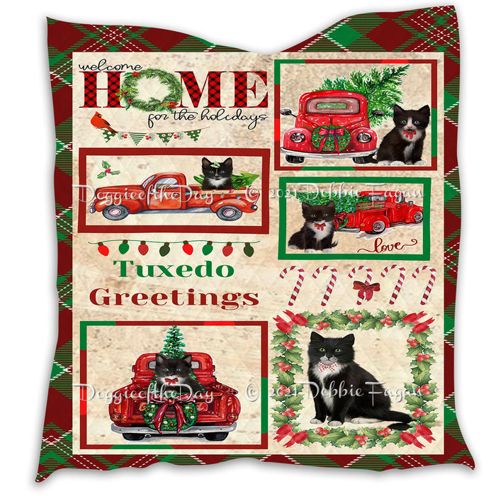 Welcome Home for Christmas Holidays Tuxedo Cats Quilt Bed Coverlet Bedspread - Pets Comforter Unique One-side Animal Printing - Soft Lightweight Durable Washable Polyester Quilt