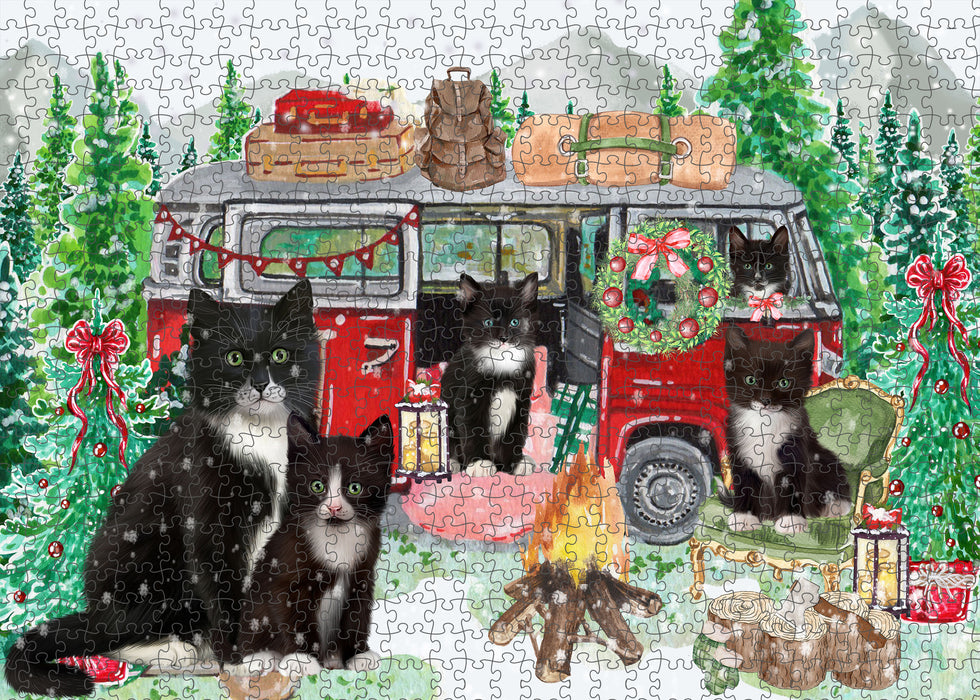 Christmas Time Camping with Tuxedo Cats Portrait Jigsaw Puzzle for Adults Animal Interlocking Puzzle Game Unique Gift for Dog Lover's with Metal Tin Box