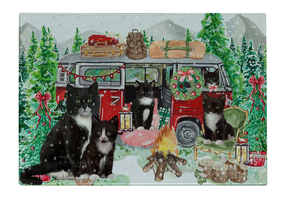 Christmas Time Camping with Tuxedo Cats Cutting Board - For Kitchen - Scratch & Stain Resistant - Designed To Stay In Place - Easy To Clean By Hand - Perfect for Chopping Meats, Vegetables