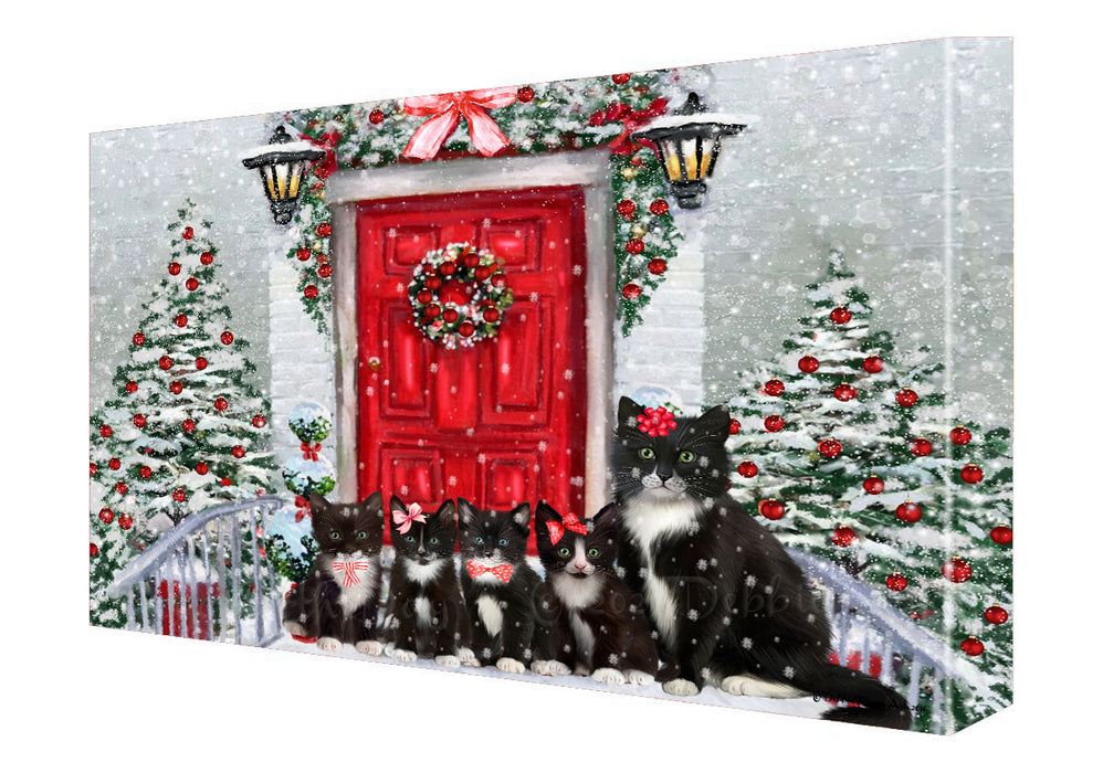 Christmas Holiday Welcome Tuxedo Cats Canvas Wall Art - Premium Quality Ready to Hang Room Decor Wall Art Canvas - Unique Animal Printed Digital Painting for Decoration
